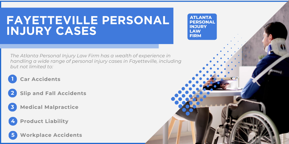 Personal Injury Lawyer Fayetteville Georgia GA; Personal Injury Cases in Fayetteville, Georgia (GA); General Impact of Personal Injury Cases in Fayetteville, Georgia; Analyzing Causes of Fayetteville Personal Injuries; Choosing a Fayetteville Personal Injury Lawyer; How can the atlanta personal injury law firm assist you; Types of Personal Injury Cases We Handle; Areas of Expertise_ Fayetteville Personal Injury Claims; Recoverable Damages in Fayetteville Personal Injury Cases; Fayetteville Personal Injury Lawyer_ Compensation & Claims Process; Types of Compensation Available; Fundamentals of Personal Injury Claims; Cost of Hiring a Fayetteville Personal Injury Lawyer; Advantages of a Contingency Fee; Factors Affecting Lawyer Fees; Steps To File A Personal Injury Claim in Fayetteville, Georgia (GA); Gathering Evidence; Factors Affecting Personal Injury Settlements; Representing Your Best Interests; Fayetteville Personal Injury Cases