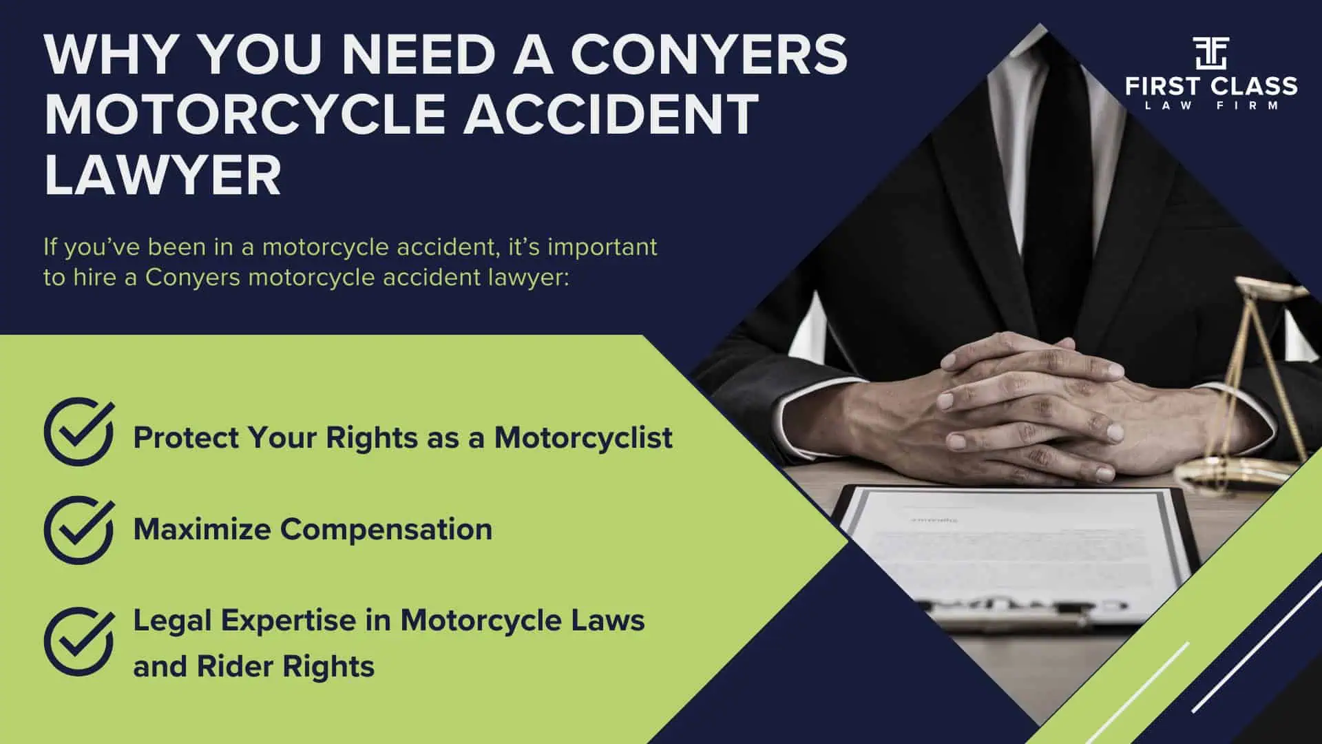 #1 Conyers Motorcycle Accident Lawyer; Conyers (GA) Motorcycle Accident Lawyer; Determining Causes and Preventative Measures; Types of Motorcycle Accidents in Georgia; Why You Need a Conyers Motorcycle Accident Lawyer