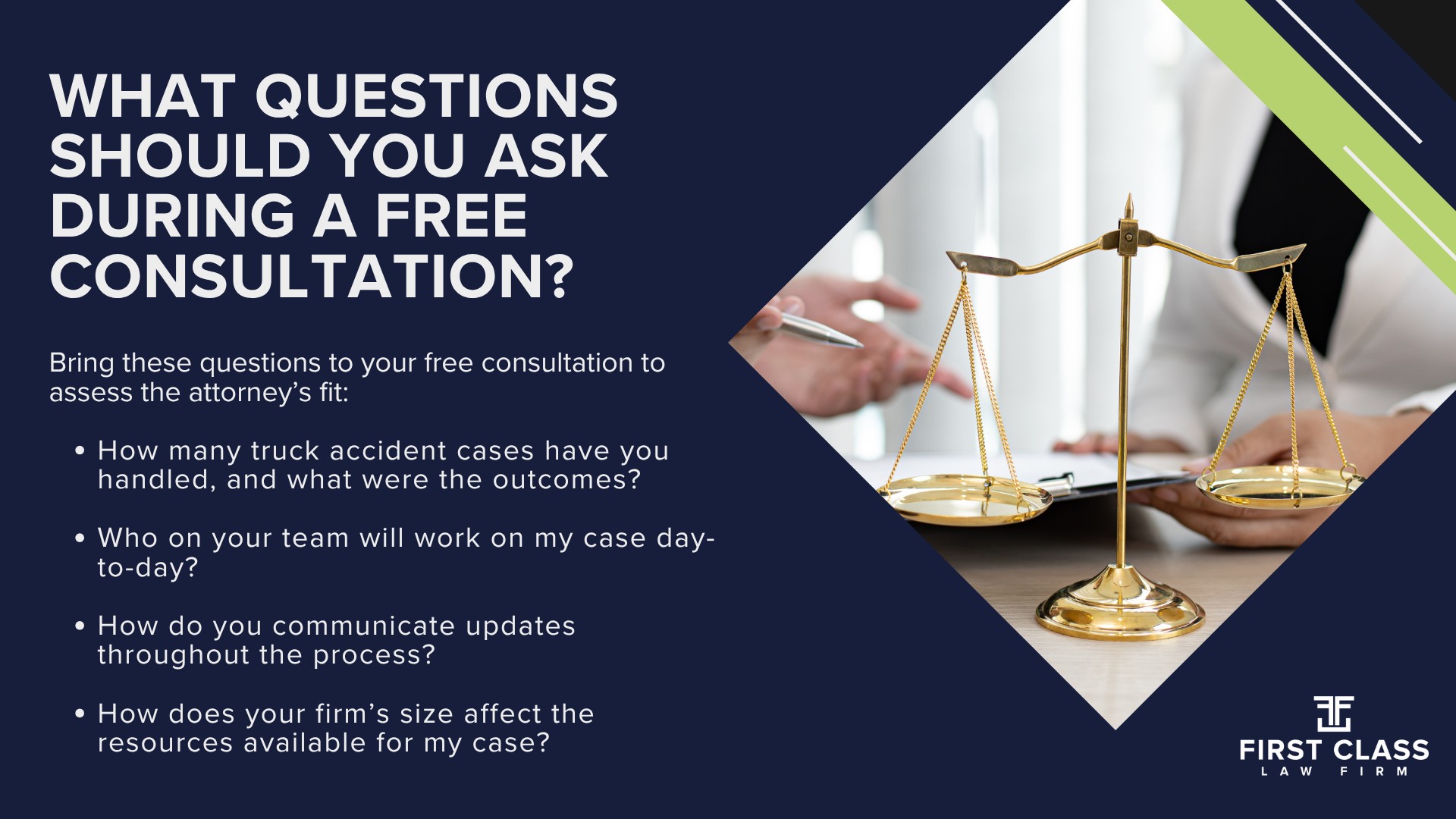 What Does an Atlanta Truck Accident Lawyer Do; How Is a Truck Accident Lawyer Different From a General Personal Injury Attorney; Why Do Atlanta-Area Truck Accidents Involve Special Factors; Do You Need a Truck Accident Lawyer or a Car Accident Lawyer; What Makes Truck Accident Cases Different From Car Accident Cases; When Should You Hire a Truck Accident Lawyer Instead of Handling It Yourself; How Do You Evaluate the Best Atlanta Truck Accident Lawyers; What Criteria Should You Use to Compare Truck Accident Lawyers; What Questions Should You Ask During a Free Consultation
